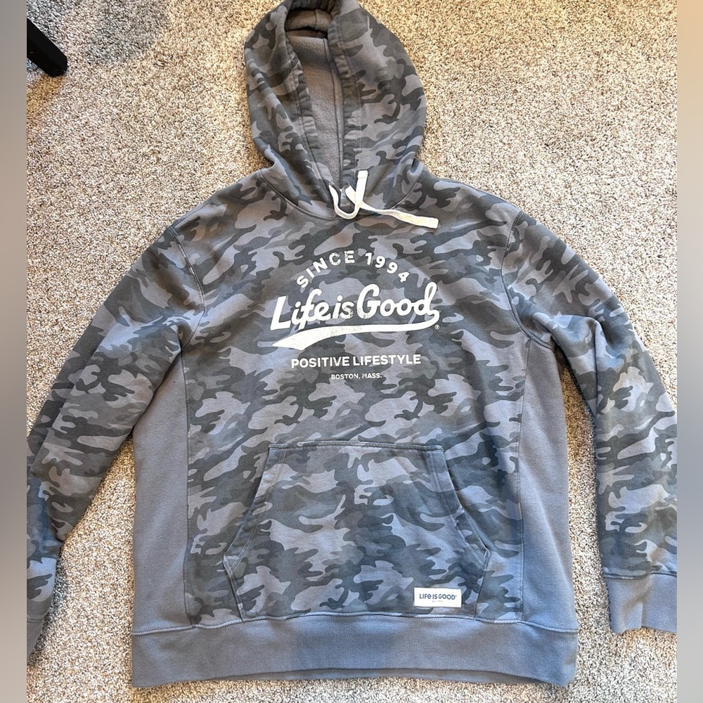 Life is Good !Rare! grey Camo Hoodie. “Positive Lifestyle”. EUC. Cotton. XL